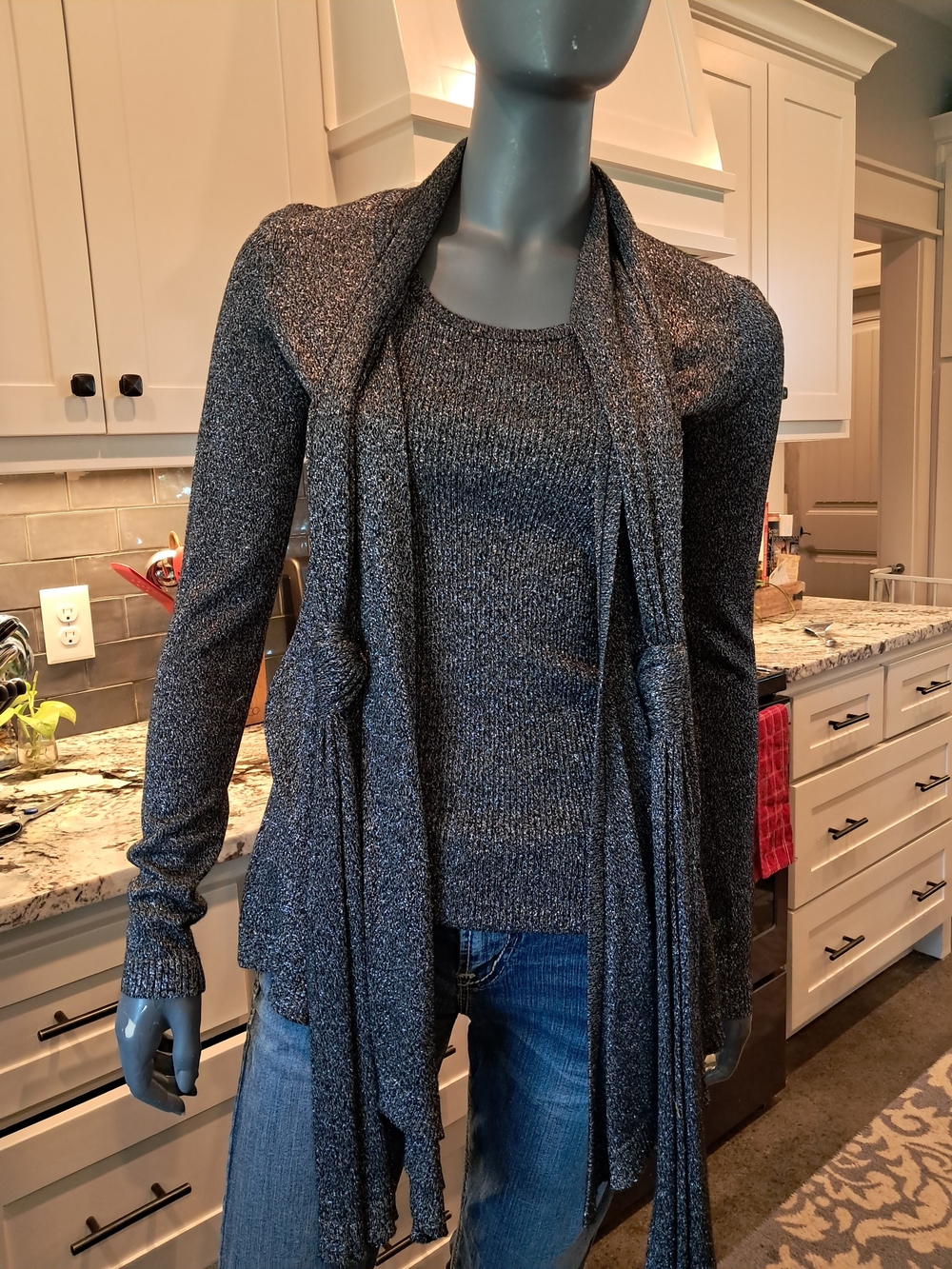 Karen Kane Metallic Charcoal Open Drape Sweater with Tank